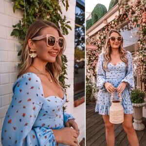 Reformation Cammi Wrap Dress Mini Pastel Blue Floral Long Sleeve size 6